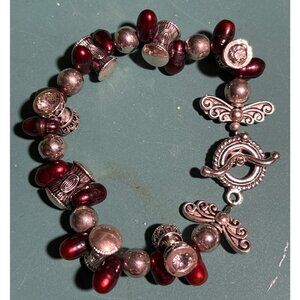 Handcrafted Beaded Bracelet Silver-Tone Charms Red Baroque Pearls Toggle Clasp